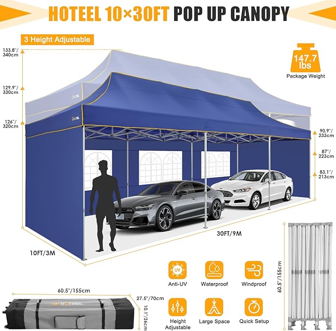 HOTEEL Tents for Parties 10x30 Heavy Duty Pop Up Canopy Tent with 5 Sidewalls&Wheeled Bag, Commercial Event Party Tent Wedding Instant Canopy Waterproof, UV 50+, Upgrade Thick Hexagonal Leg, Deep Blue
