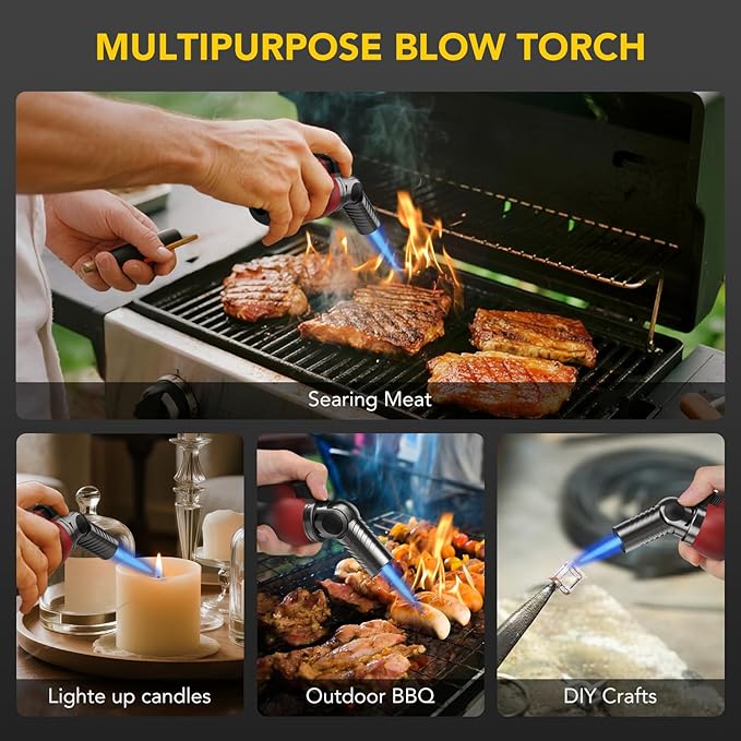TBTeek Torch Lighter, Portable Kitchen Torch with 45° Rotatable Head and Adjustable Flame, Refillable Butane Torch Lighter for Soldering, Cooking, BBQ, Fireplaces, Red-Black (Gas Not Included)