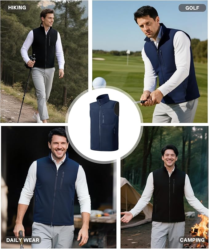 Mens Windproof Golf Vest Outerwear Fleece Lined Softshell Sleeveless Lightweight Jacket