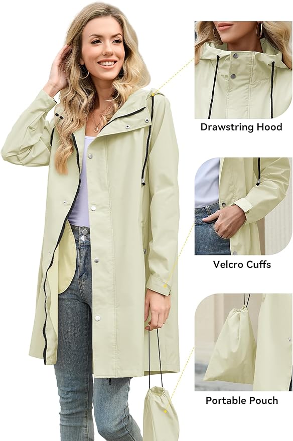 Zando Long Packable Rain Jacket Women Waterproof - Raincoat for Women Rain Coat with Hood Lightweight Outdoor Windbreaker