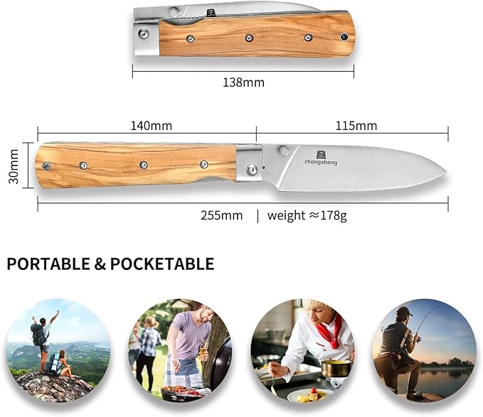 4.5-Inch Folding Kitchen Knife with Ultra Sharp 440A Stainless Steel Blade and Natural Olive Handle for BBQ, Peeling, Outdoor Camping