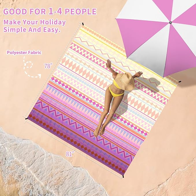 BYDOLL Beach Blanket Waterproof Sandproof 78''ร81'' Suits1-4 Adults Compact Lightweight Oversized Sand-Free Blanket Large Picnic Mat for Beach Travel Camping Hiking