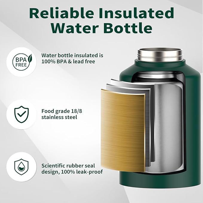 Half Gallon Water Bottle Insulated(Cold for 48 Hrs),BPA Free&Leak Proof,64oz Stainless Steel Water Jug/Flask,Big thermo,Large Water Bottle with Handle for Gym,Hiking,Camping,Dark Green