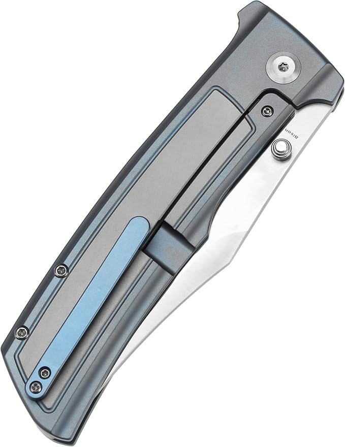 KANSEPT Bison Pocket Folding Knife, 4.25'' Satin CPM S35VN Steel Sharp Blade, Blue Durable Two-Tone Titanium Handle, Frame Lock and Thumb Stud for Edc, Camping Hiking Knives K1108B2