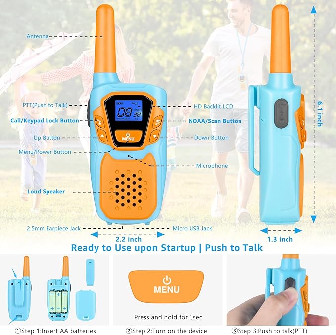 Walkie Talkies for Kids Long Range Walkie-Talkie for Adults Rechargeable 2 Way Radios 2 Pack with Lanyard 4 Miles NOAA USB VOX, Family Toys for 3-12 Year Old Boys Girls Toddlers Camping Hiking