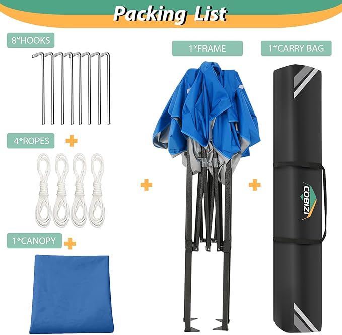 COBIZI 6.6x6.6ft Pop Up Canopy Tent, Heavy Duty Canopy Easy Set up All Weather Waterproof Outdoor Canopy Tent for Parties, Beach, Garden, Camping with 1 Handbag, 3 Adjustable Heights, UPF50+, Blue