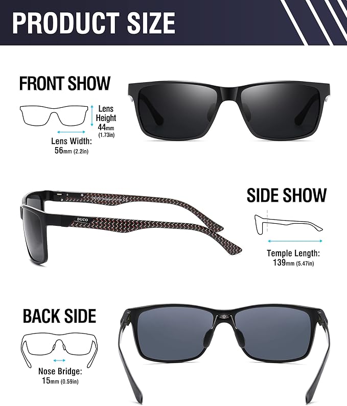 DUCO Mens Sunglasses Polarized Rectangle Sunglass for Men Lightweight Carbon Fiber UV400 Protection 8206