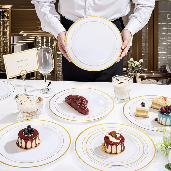 350 Pieces White and Gold Plastic Plates - 50 Guest Thanksgiving Dinnerware Set Include 100 Plates, 50 Plastic Silverware, 50 Napkins and 50 Cups for Thanksgiving