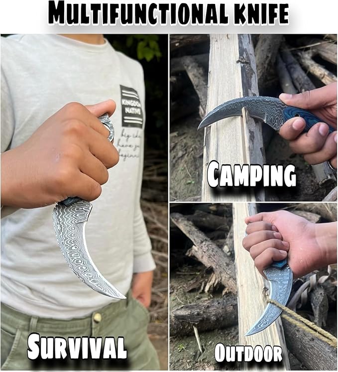 Handmade Damascus Steel Hunting Knife with Sheath | 7.5'’ EDC Fixed Blade Knives For Men and Women Demasticus Camping Survival Belt Knifes For Horizontal Carry with Blue Wood