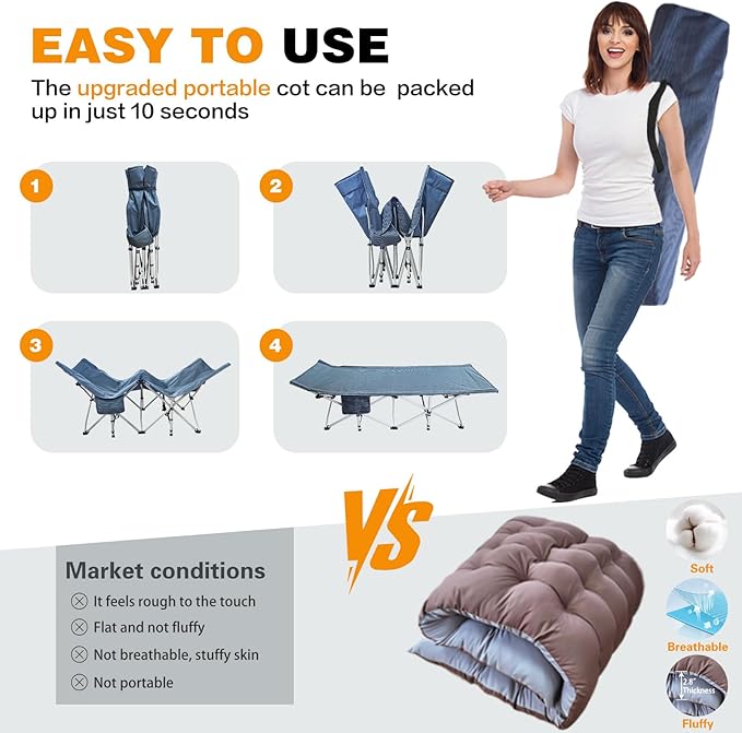 XXL Camping Cots Oversize Sleeping Bed with Comfortable Mattress Extra Large Camping Bed for Adults Cots Include Carry Bag for Adults Portable Folding Cots Easy to Set Up Nap Office Indoor Vacation
