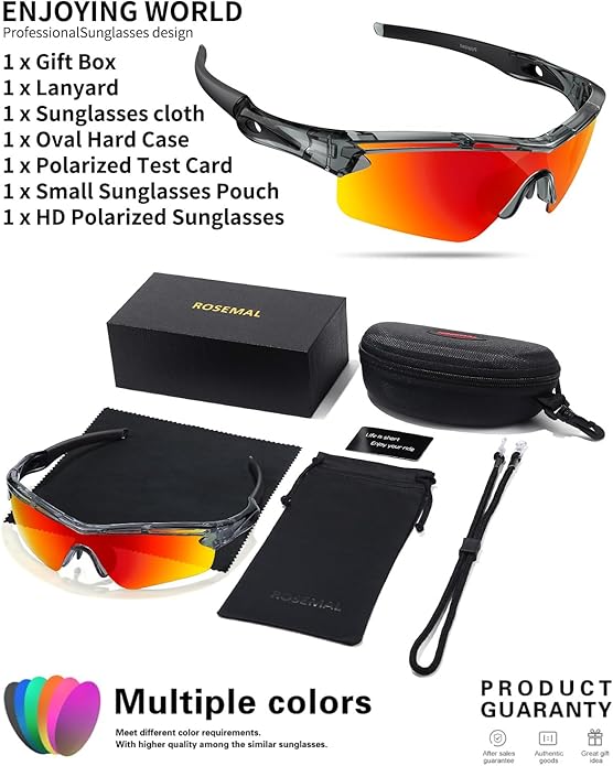Rosemal Sports Sunglasses Polarized Cycling Sunglasses Running Driving Fishing Hiking for Men Women UV400 TAC TR90