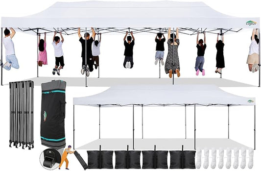 COBIZI 10x30 Pop Up Canopy Without Sidewall,Heavy Duty Canopy UPF 50+ All Season Wind Waterproof Commercial Outdoor Wedding Party Tents for Parties Gazebo with Roller Bag(10 x 30 ft White)