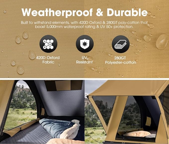 Sanhima Rooftop Tent Hard Shell - Hotham Lite Overland Aluminium Roof Top Tent 4.56" Slimline, w/Tri-Color LED Strip Light & 1.97” Thick Mattress, for Car SUV Truck Camping, 2-3 People