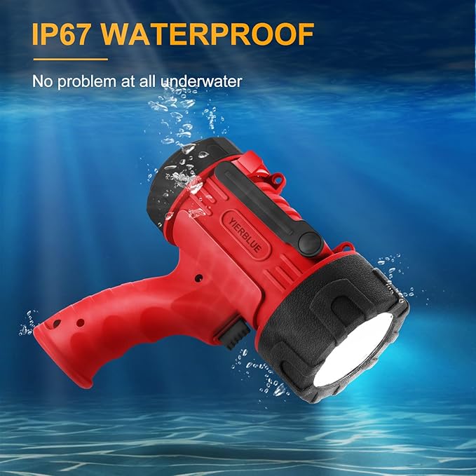 YIERBLUE Rechargeable Spotlight Flashlight with Super High High Lumen LED, IP67 Waterproof Long Running Spot Light searchlight, Impact Resistant Handheld Spotlight with Foldable Stand and Red Lens
