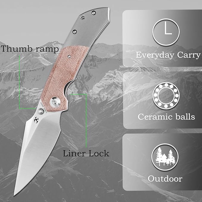 KANSEPT Fenrir Pocket Folding Knives for Men EDC Camping Folding Knife 3.48'' Satin CPM-S35VN Blade Pocket Folding Knife with Brown Micarta + Titanium Handle Everyday Carry K1034A6