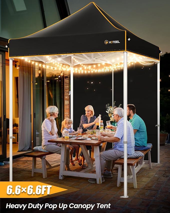 HOTEEL 6.6x6.6 Heavy Duty Pop Up Canopy Tent for Parties Event Wedding Commercial Instant Canopy with Carry Bag, Party Tent Waterproof UV 50+, Upgraded Thick Hexagonal Legs,Black