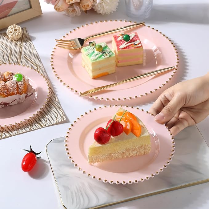 EI 60pcs Pink Plastic Plates with Gold Rim,Pink Party Plates Disposable,Heavy Duty Dinner/Dessert Fancy Elegant Plate for Wedding,Birthday,Afternoon Tea