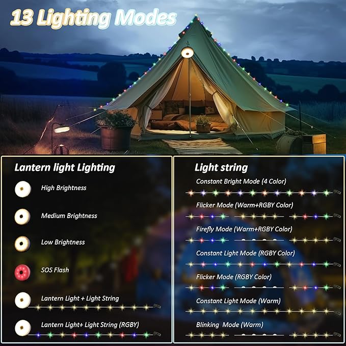 Camping String Lights, 32.8Ft Solar Camping Lights, Portable Waterproof Camp Lamp with 13 Lighting Modes, Hanging Rechargeable Tent Lantern for Outdoor, Indoor, Hiking, Yard, Party Decor