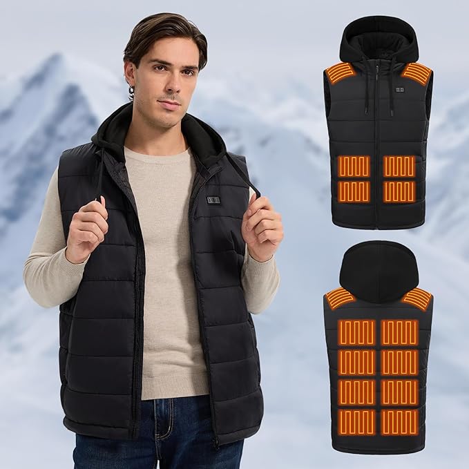 Heated Vest for Men, 14 Heating Zones, Dual Control Electric Heated Vest with Detachable Hood, Battery Not Included