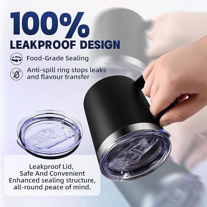 12oz Insulated Coffee Mug with Handle, Stainless Steel Wide Mouth Travel Tumblers with Lid, Double Wall Vacuum Coffee Cup for Camping, Office, Black 4 Pack