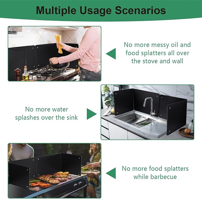 Black Large 2 Pieces 2 Sided Splatter Guard for Frying Stove Top,Oil Splash Guard Cooking for Stove,Non Stick Foldable Splatter Screen for Stove Top