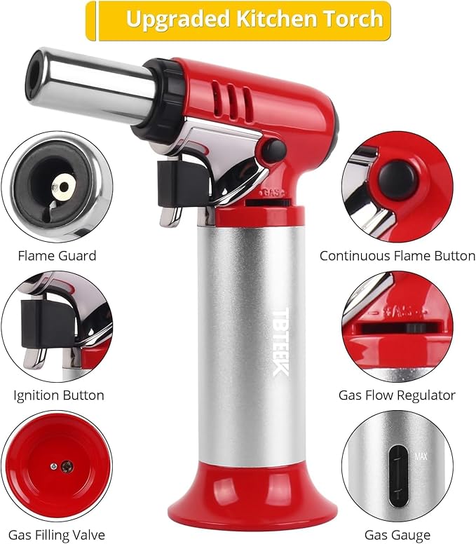 TBTeek Butane Torch, One-hand Operation Kitchen Torch with Adjustable Flame for Grilling, Baking and Soldering (Excluding Butane Gas), Red