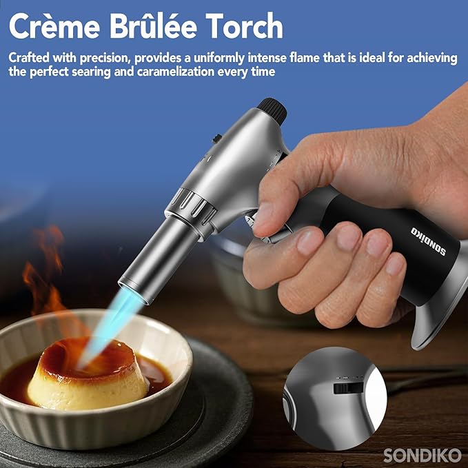 Sondiko DUAL Style Flame Butane Torch Lighter, Adjustable Flame Size Butane Lighter, Refillable Blow Torch with Continuous Flame Lock for Creme Brulee, Cooking(Butane Gas Is Not Included)