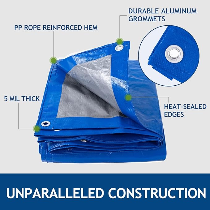 10x20Ft Tarp Cover 5 MIL Waterproof Poly Tarps, Light Duty Tarpaulin with Grommets, Reinforced Edges, Rip & Tear Proof, Multipurpose Finished Size Tarp for Cars, Boat, Roof, Camping - Blue