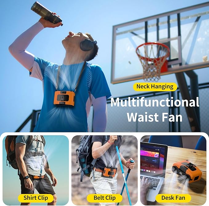 Socool 20000mAh Portable Waist Fan Clip on Wearable Belt Personal Fan Rechargeable, 40H Cooling Battery Operated with 10 Speeds & Dual Air Outlets, Neck Fans Hanging for Outdoor Jobsite Camping