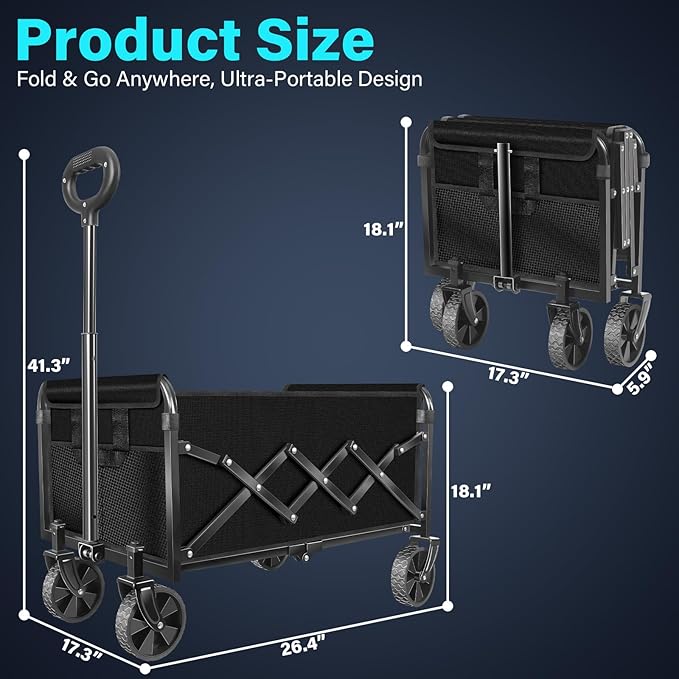 ARTIST'S DREAM Wagons carts Foldable|Collapsible Wagon with Wheels|Wagon cart with Wheels Foldable|Utility Wagon|Folding Wagon with Wheels for Sports,Garden,Shopping,Camping,Travel,Jet Black