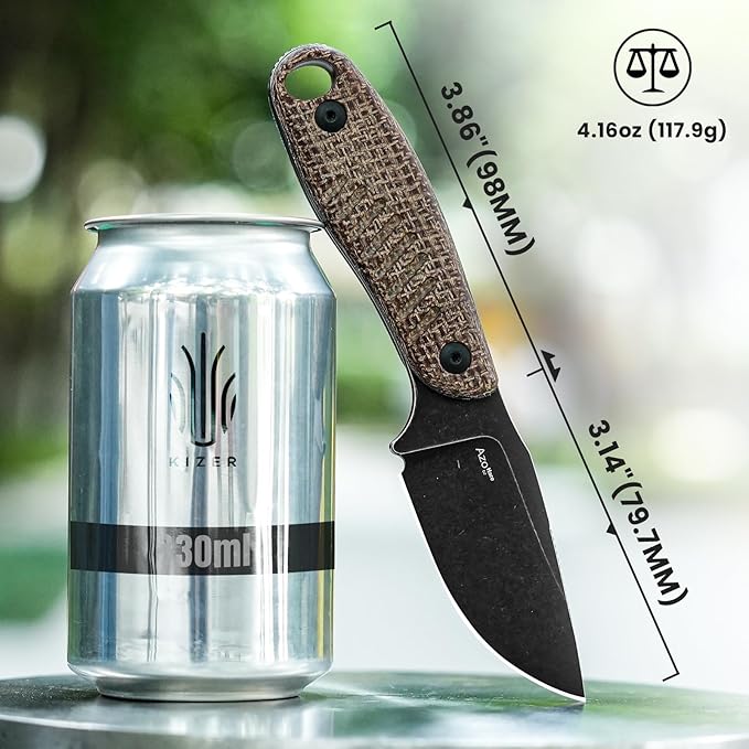 Kizer Hare Fixed Blade Knife with Sheath, 3.14" D2 Steel Blade EDC Hunting Knife with Burlap Micarta and Black G10 Handle, Small Survival Knives, Outdoor Camping Knives for Men Women 1077M3
