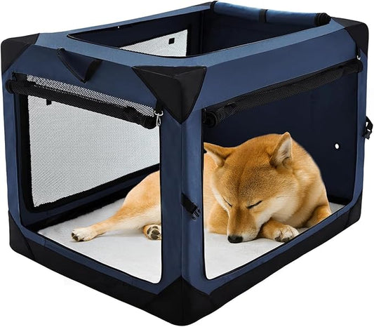Pettycare 30 Inch Collapsible Dog Crate for Medium Dogs, 4-Door Foldable Soft Side Kennel with Chew Proof Mesh Windows, Indoor & Outdoor Travel Crate, Navy Blue