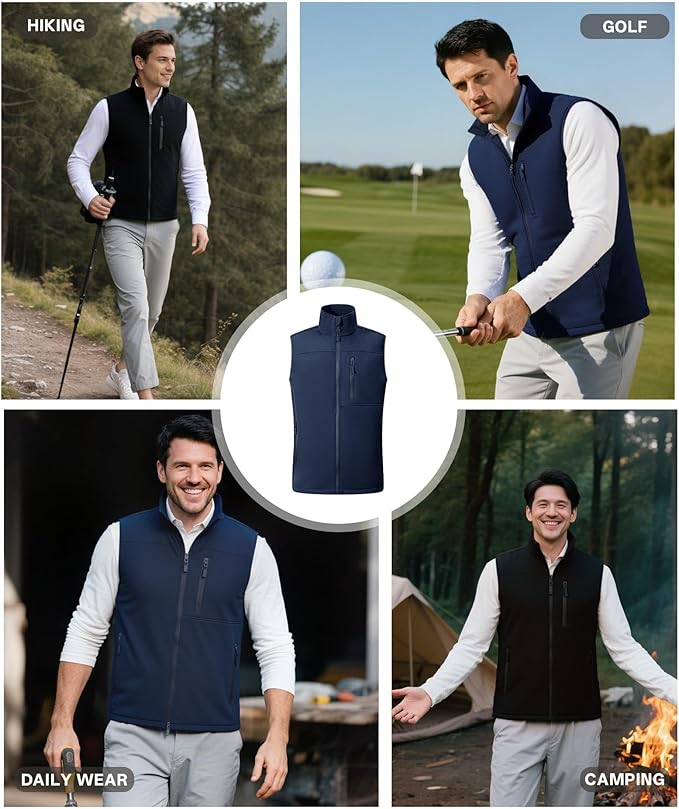 Mens Windproof Golf Vest Outerwear Fleece Lined Softshell Sleeveless Lightweight Jacket