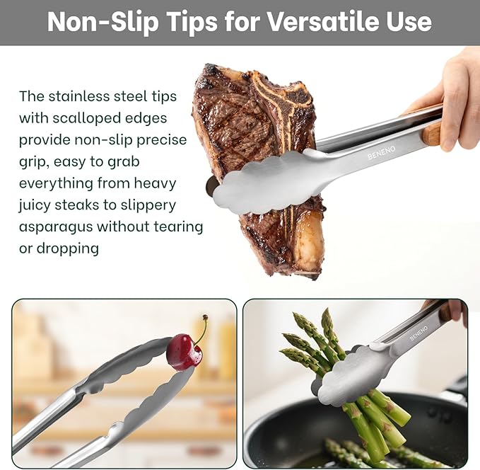 Beneno Tongs for Cooking, Food-Grade Stainless Steel Kitchen Tongs 12-Inch with Ergonomic Heat-Insulating Wooden Grip & Non-Slip Scalloped Tips, Sturdy Locking Metal Tong for Cooking, Grill