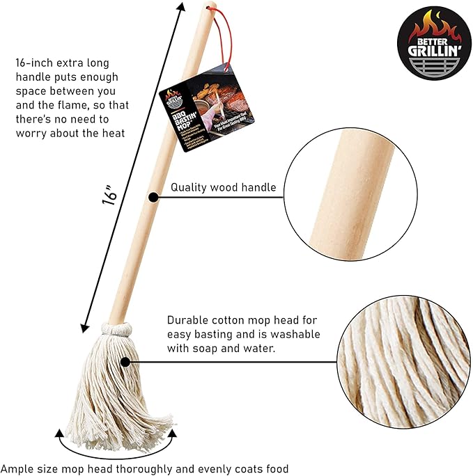 Better Grillin BBQ Bastin Mop Basting Barbecue Brush/Mop Easily Applies Marinades, Sauces, Washes Out, 16in Handle, 1pk