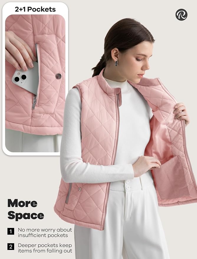 Women's Vest, Quilted Puffer Water-Resistant Zip With Pockets