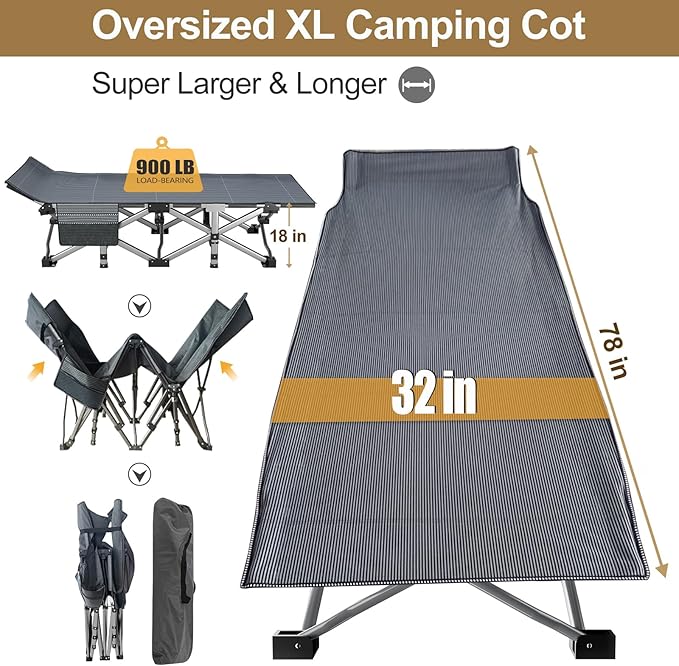 DoCred Oversized XXL Folding Camping Cot with Mattress, 2 Pack Heavy Duty Sleeping Cot Bed Portable Adults Outdoor Bed with Carry Bag, Travel Camp Cots