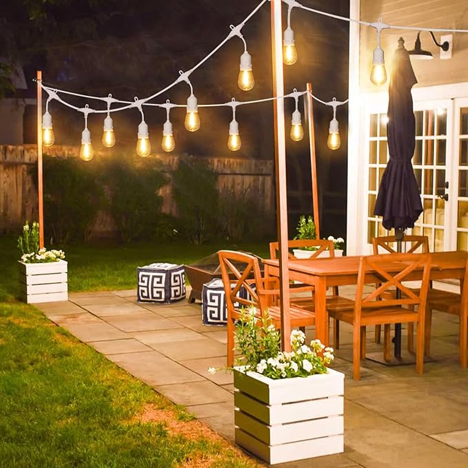 48FT Outdoor String Lights with Remote, Dimmable Patio Lights with 15+2 Waterproof 3 Modes 4 Timers Hanging LED Bulbs for Party Weeding, White