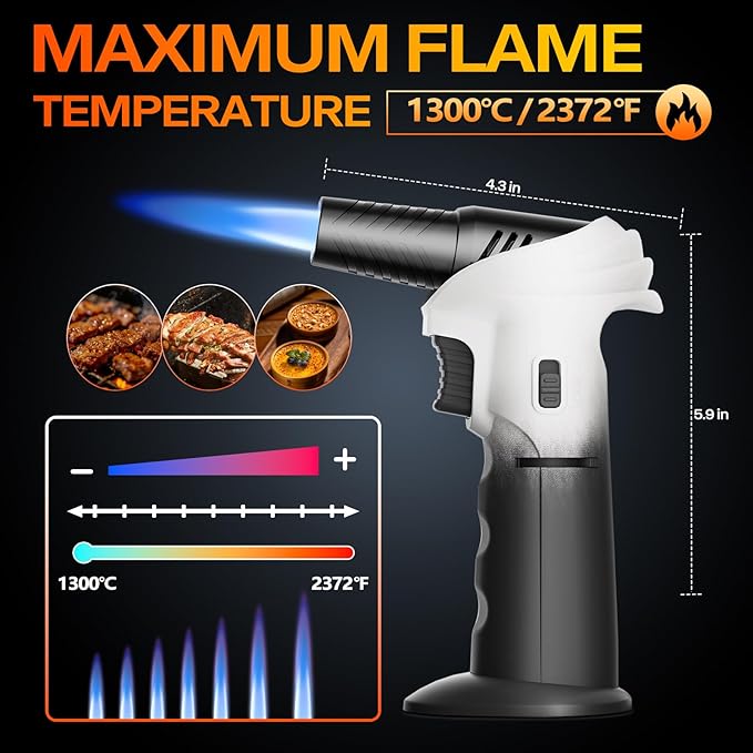Butane Torch Lighter, 0-90°Rotating Angle Butane Lighter, Refillable Kitchen Torch with Safety Lock, Adjustable Flame for Soldering (White & Black-2 Pack)