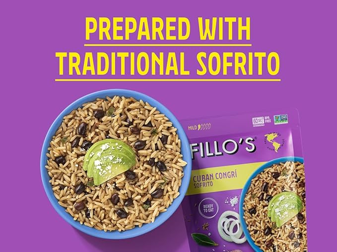 Fillo's Cuban Congri - Black Beans and Rice, Ready to Eat Rice with Beans, 8 oz Pk of 6, Gluten-Free, Preservative-Free, Microwavable Meals, Non-GMO, Vegan
