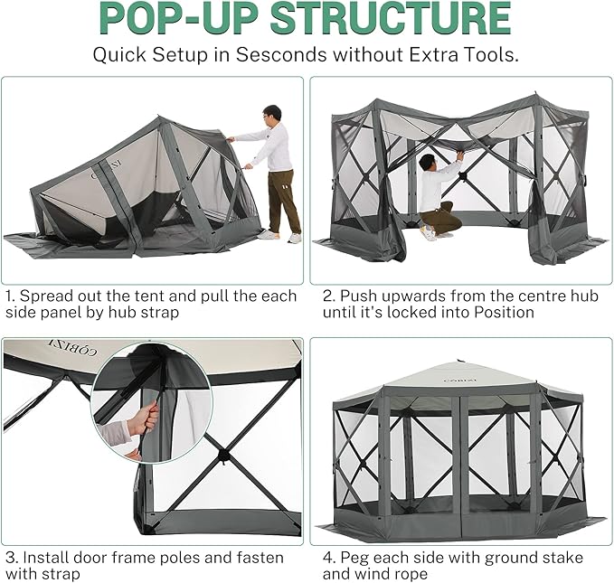 COBIZI 12x12ft Pop up Gazebo Screen Tent Screen House for Camping, Camping Outdoor Screened Gazebo with Mosquito Netting, Portable Hub Tent with Carrying Bag and Ground Stakes, Grey(Upgraded 2.0)