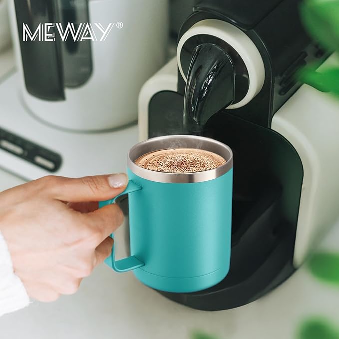MEWAY 12oz Coffee Mug With Handle 8 Pack Bulk,Stainless Steel Insulated Travel Tumblers With Sliding Lid,Double Wall Vacuum Camping Cup for Hot & Cold Drinks Tea (Light Green,Set of 8)