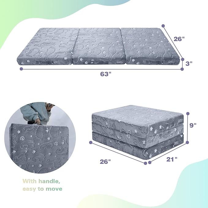 MeMoreCool Glow Dinosaur Foldable Floor Mattress for Kids, Trifold Nap Mat for Toddlers, Portable Daycare Sleeping Futon or Floor Bed, 63x26 Inch