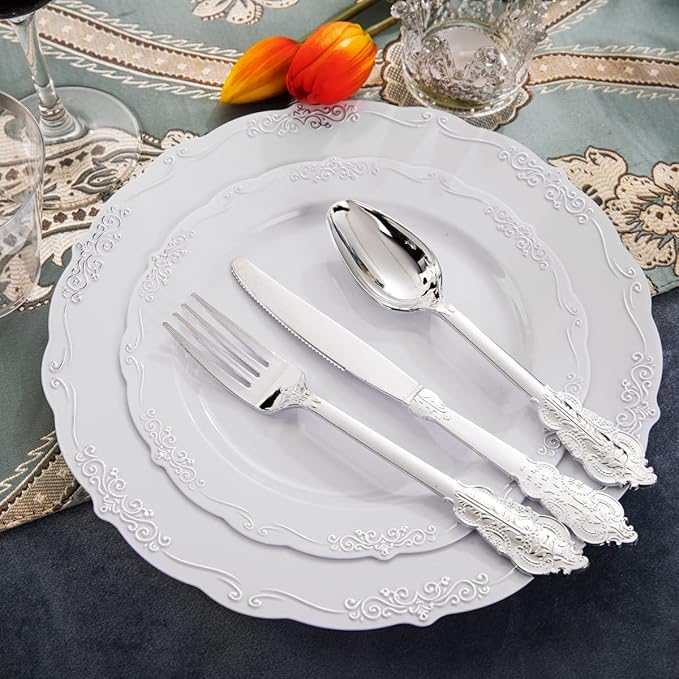 U-QE 175PCS Silver Plastic Plates & Pre Rolled Napkins with Silver Plastic Cutlery for 25 Guests, Great for Party & Wedding