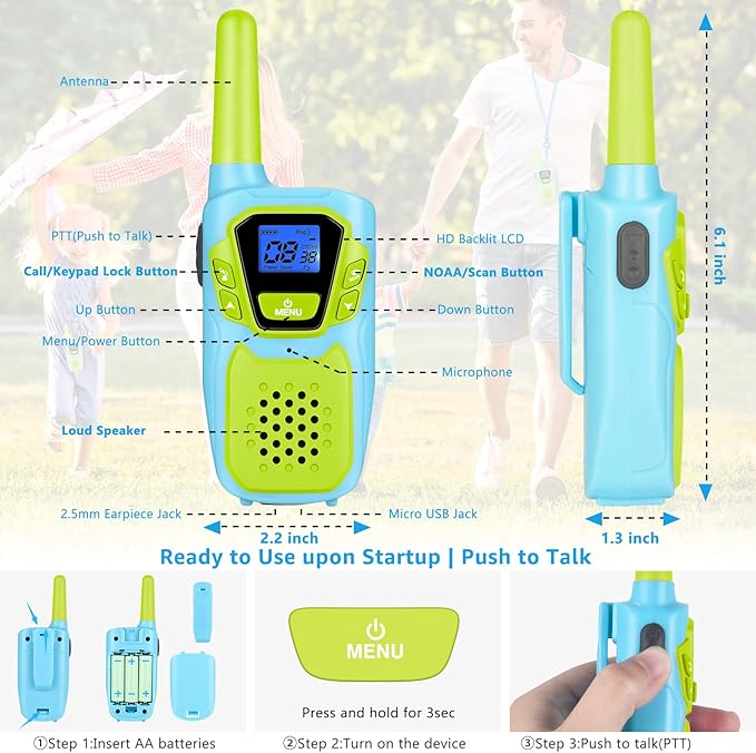 Walkie Talkies for Kids Adults Long Range Rechargeable 2 Pack, USB FRS 2 Way Radio Toys for 3-12+ Year Old Boy Girl Toddler, NOAA Walkie-Talkies 4 Miles for Family Camping Hiking Skiing Cruise