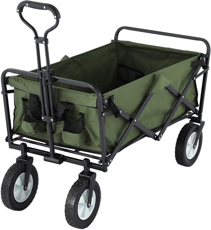 220 lbs Capacity Folding Wagon, Utility Garden Cart Collapsible with Wheels for Outdoor Camping, Green