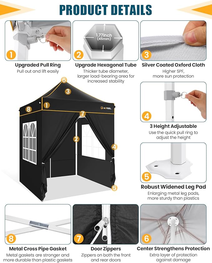 HOTEEL 6.6x6.6 Heavy Duty Pop Up Canopy Tent for Parties Event Wedding Commercial Instant Canopy with Carry Bag, Party Tent Waterproof UV 50+, Upgraded Thick Hexagonal Legs,Black