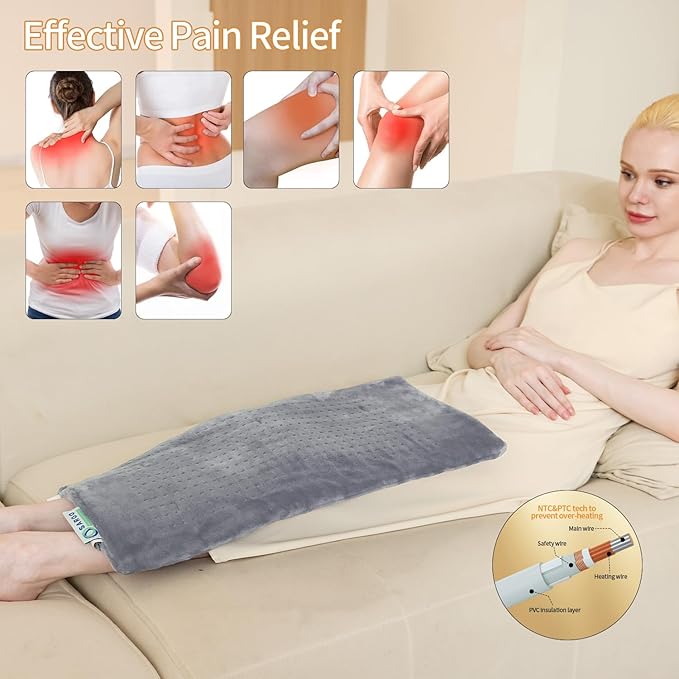 Massaging Weighted Heating Pad for Back Pain Relief,Heating Pads for Neck, Shoulder,Cramp,Portable Heated Pad with 3 Heat Settings & 6 Massage,18 Relaxing Combinations,Auto Off,12"*24",Light Grey