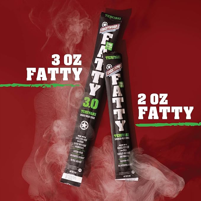 FATTY Meat Sticks, Made with Grass Fed Beef, Pork Raised Without Antibiotics, 12g Protein Per Stick, Teriyaki, 2 oz. (Pack of 20)