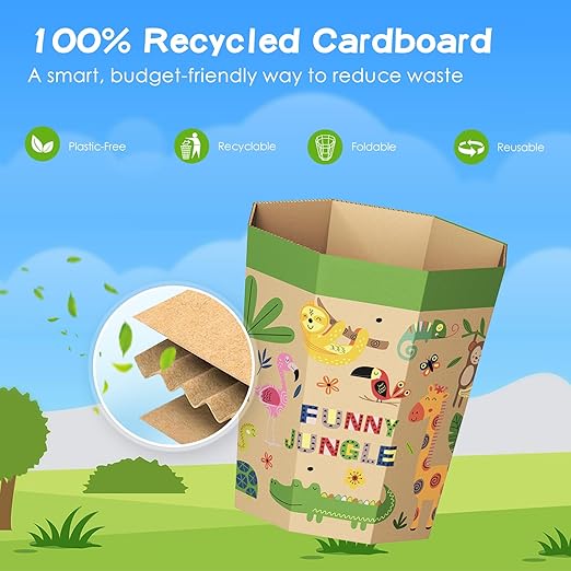 6-Pack Cardboard Trash Can – Foldable, Recyclable, Plastic-Free & Reusable Small Waste Paper Basket for Kids - Garbage Bin Perfect for Bedrooms, Playrooms, Children's Room & Outdoor (1.6 Gallon)